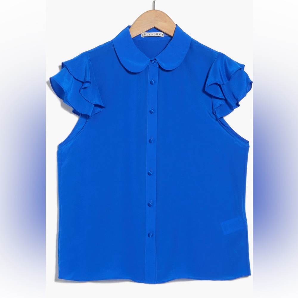 Alice + Olivia Royal Blue Ziggy Ruffle Cap Sleeve Silk Blend Top